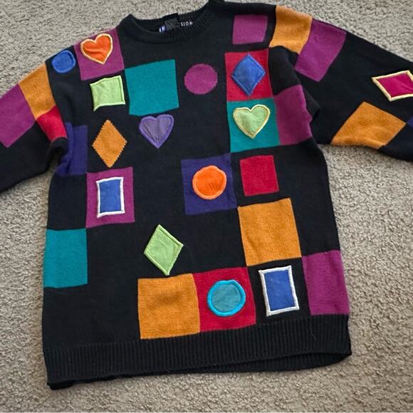 VINTAGE RETRO STYLE MULTI-COLOR PATCHES DESIGN 70’s FUN SWEATER MED - Picture 8 of 12